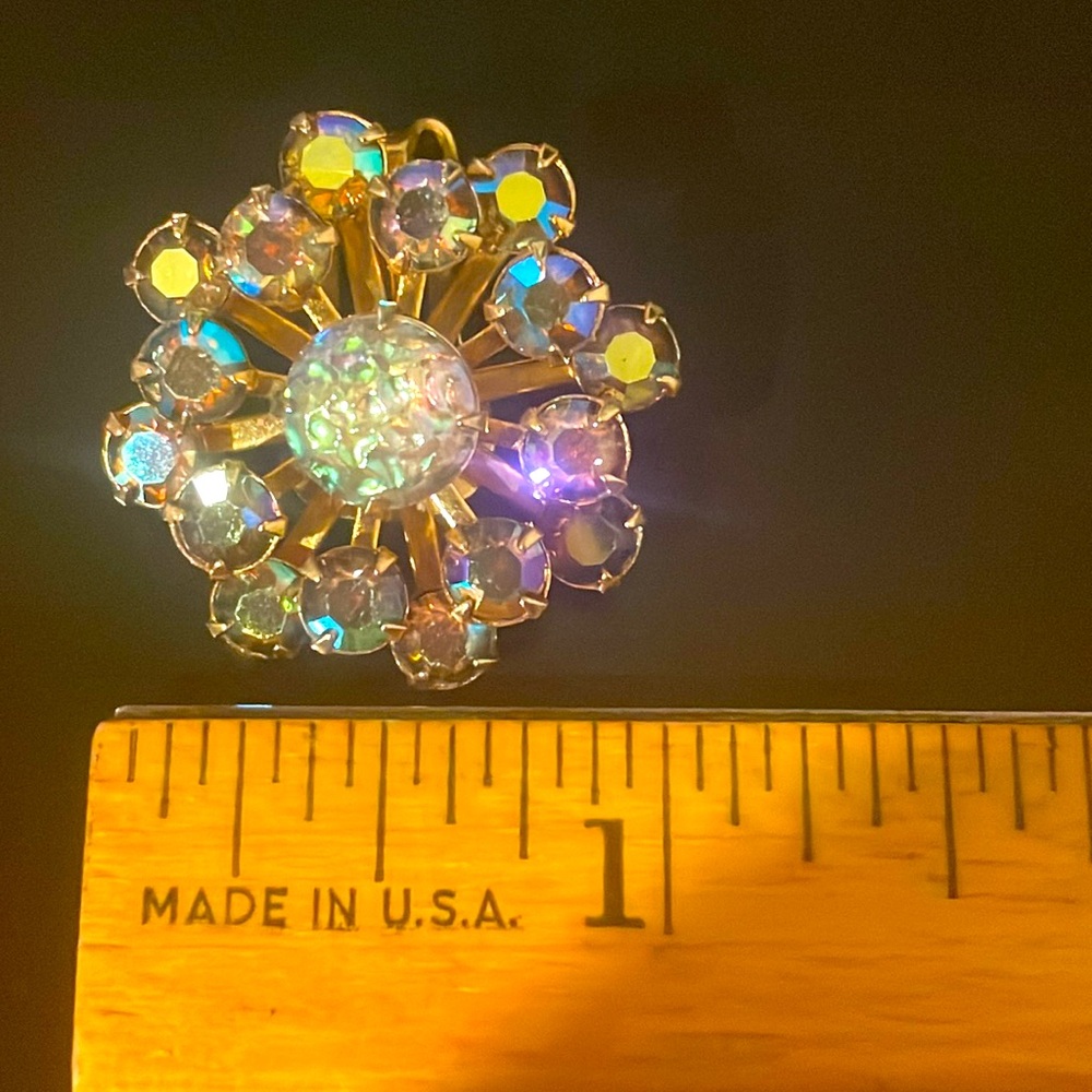 Gold and Aurora Borealis Rhinestone Starburst Clip Earrings - Picture 12 of 13